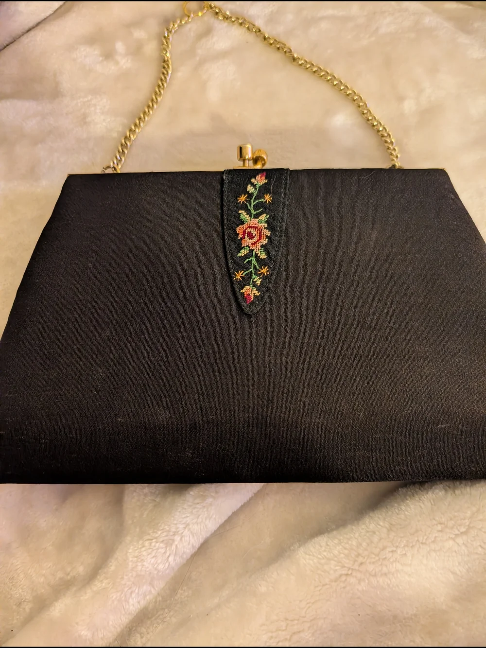 Vintage Black Floral-Accent Evening Clutch with Gold Chain 1950s